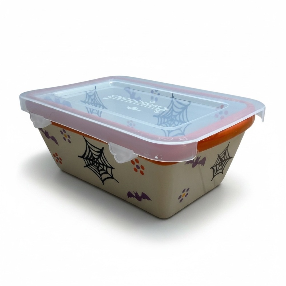 Temp-tations Halloween Boofetti Ceramic Loaf Pan Baking Dish Plastic Lid Spooky